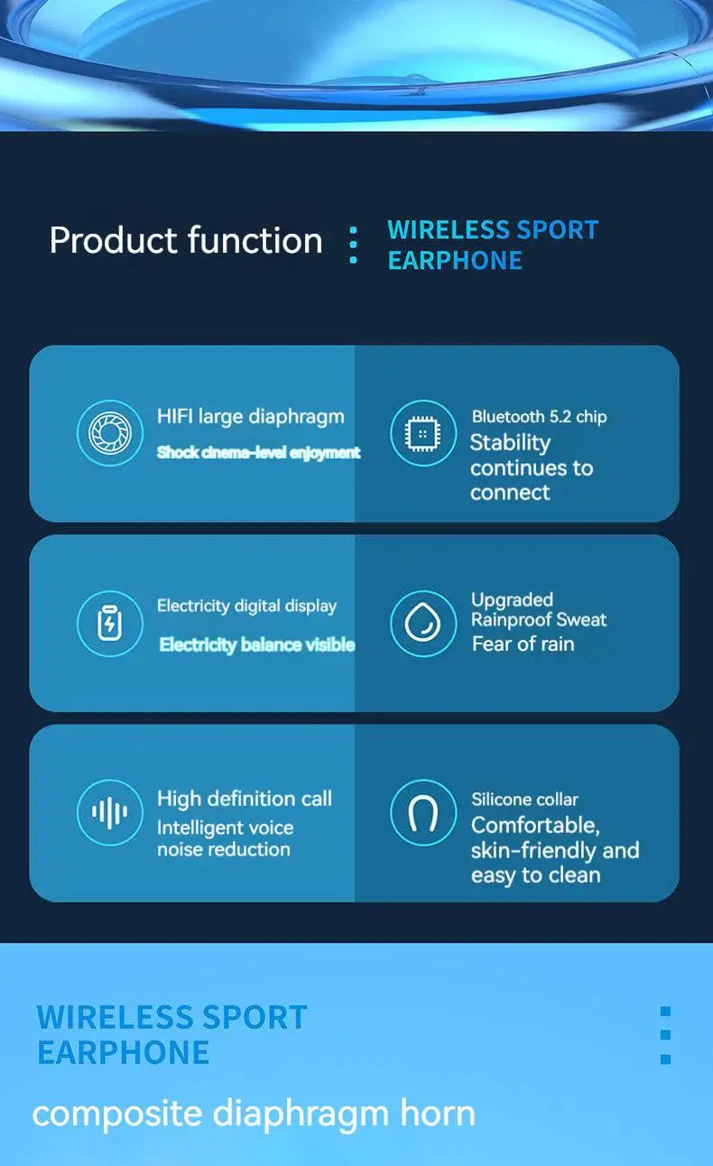 سماعات أذن لاسلكية بتقنية بلوتوث 5.2 مع شاشة LED وصوت HiFi، سماعات رياضية مع حزام رقبة وميكروفون HD