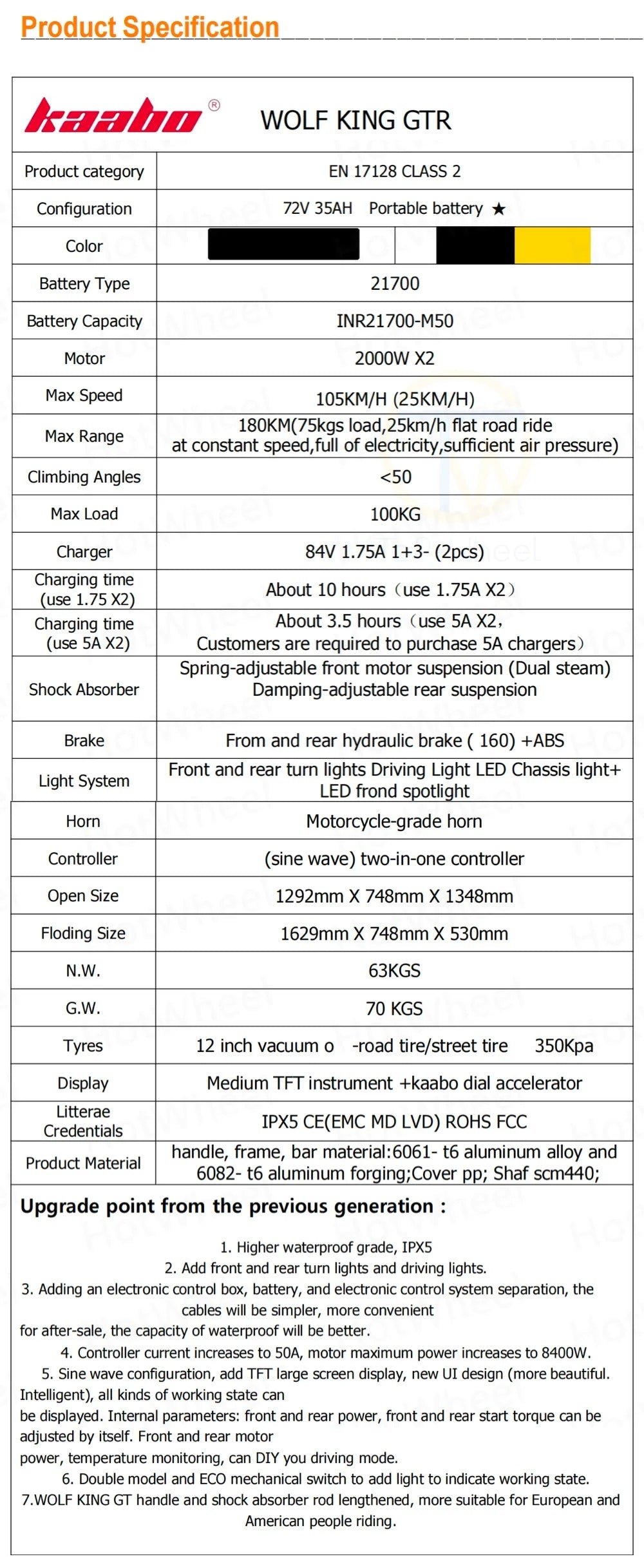 سكوتر كهربائي قابل للطي KB وولف كينغ GTR 2000W*2 72V 35Ah بشاشة TFT وبطارية محمولة مع فرامل هيدروليكية كاملة ومقاوم للماء