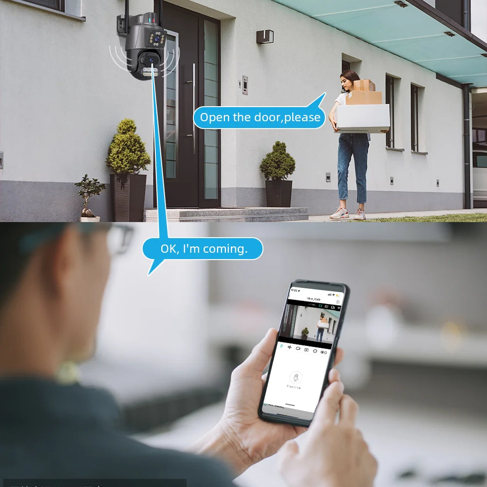 كاميرا مراقبة خارجية بدقة 4K وعدسة مزدوجة 8MP مع شاشة مزدوجة وواي فاي، كاميرا تتبع تلقائي IP66 مضادة للماء