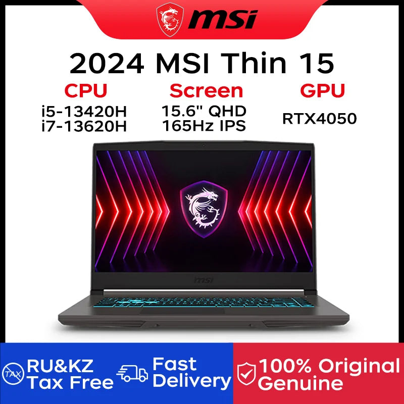 لابتوب ألعاب MSI Thin 15 2024 بشاشة 15.6 بوصة 2.5K QHD 165Hz مع معالج i5-13420H وذاكرة 16GB وقرص SSD بسعة 512GB وبطاقة RTX4050