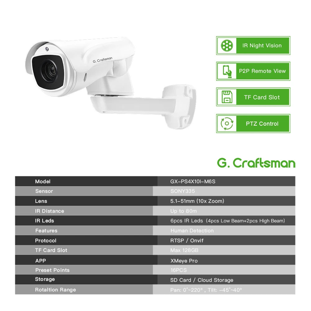 كاميرا IP PTZ XMEYE POE: زوم بصري 10X، مستشعر 6MP SO.NY ورؤية ليلية بالأشعة تحت الحمراء لمراقبة CCTV من G.Craftsman