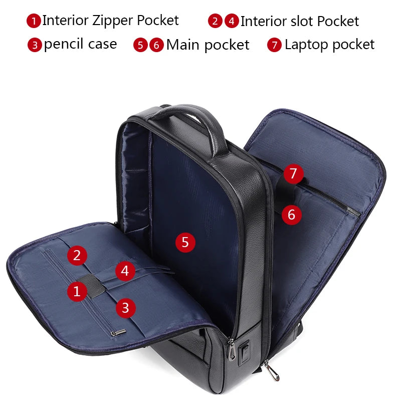 حقيبة ظهر للكمبيوتر المحمول 15.6 بوصة للرجال من الجلد الطبيعي 100% مع شاحن USB حقيبة سفر وحقيبة مدرسية للطلاب