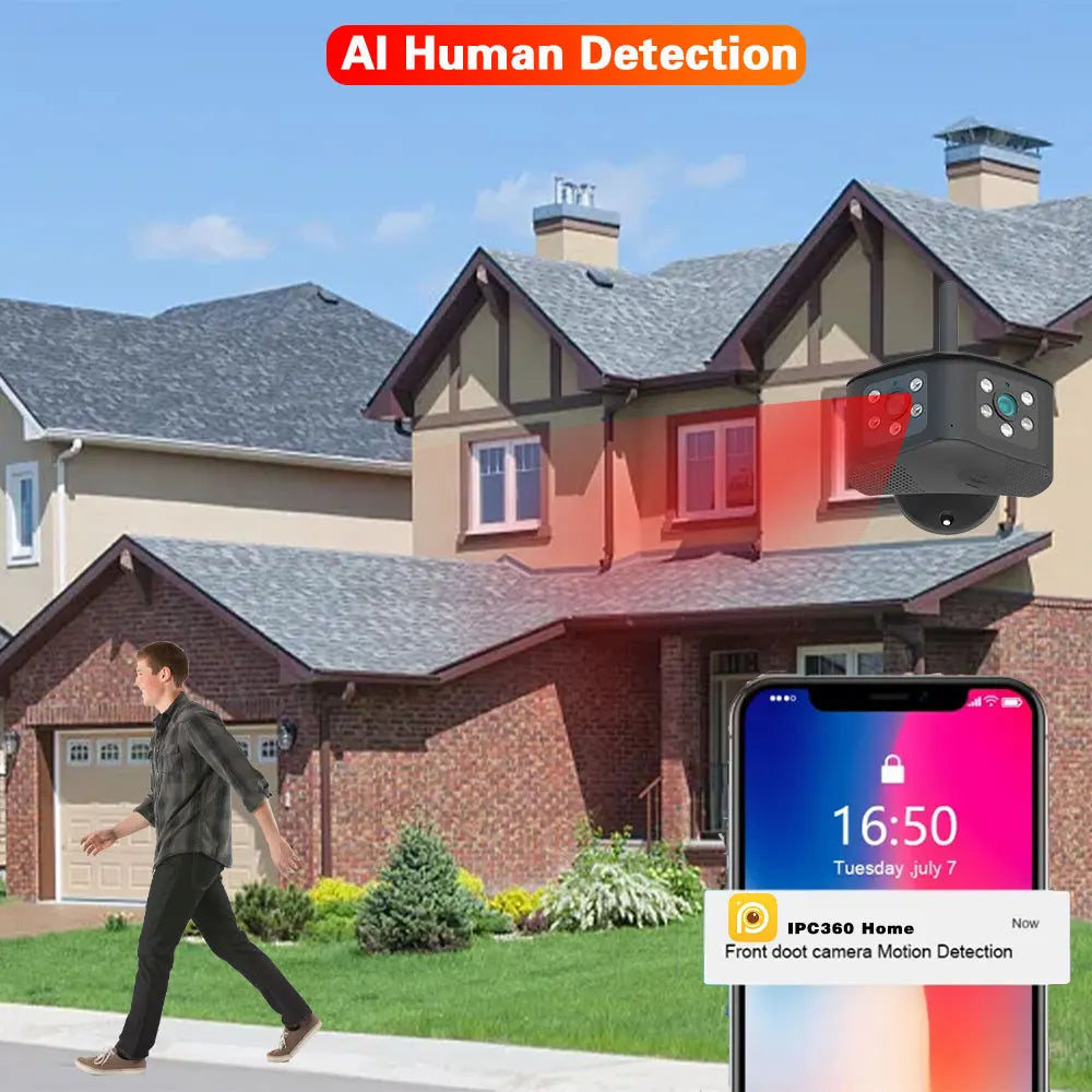 كاميرا IP ذكية خارجية مزدوجة العدسة 8MP بدقة 4K مع كشف بشري AI وتخزين سحابي وتواصل صوتي واي فاي 180°