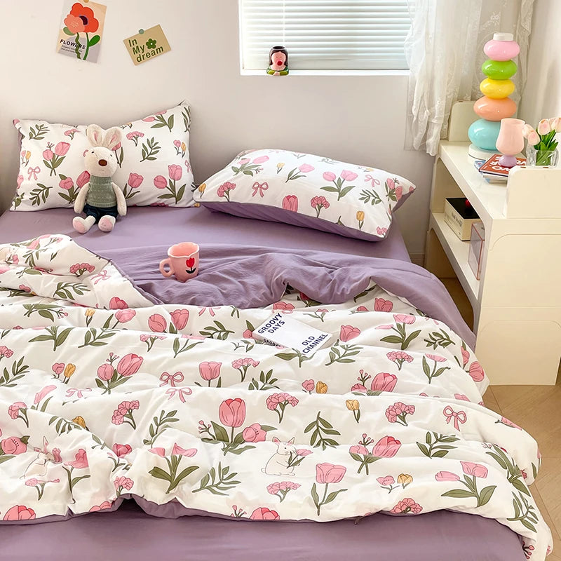 لحاف صيفي بنمط زهور 150x200 لحاف مريح بحجم كوين غطاء سرير لحاف مبطن لحاف منزلي (No Pillowcase)