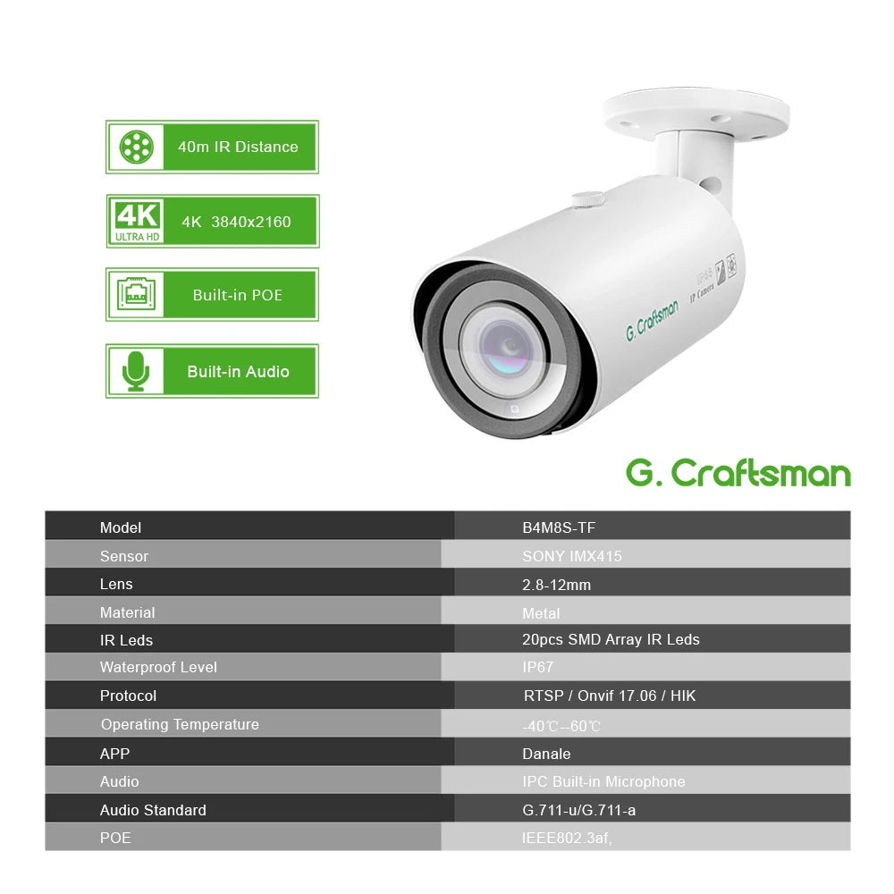 كاميرا أمان G.Craftsman POE IP مع عدسة 2.8-12mm ورؤية ليلية، للمراقبة بالفيديو والصوت، مقاومة للماء